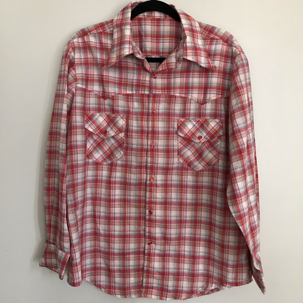 Vintage Red plaid western long sleeve red pearl snaps 70s shirt